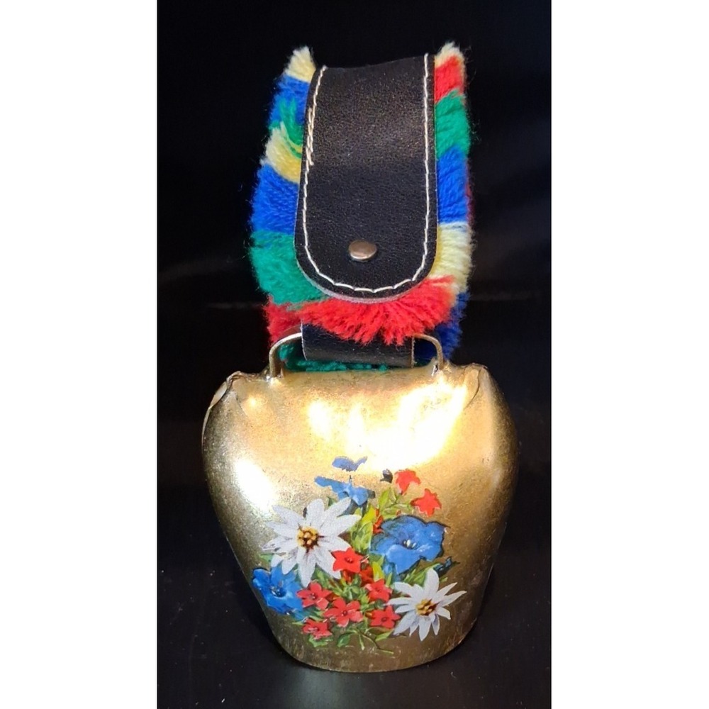 Mid Century Swiss Cow‎ Bell with Floral Design w/ Fringe on a Leather Strap